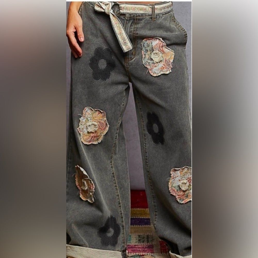 POL NWT Floral Patchwork Rolled-Up Denim Straight Pants Size Large - Picture 3 of 9